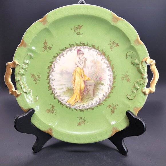 Vintage Platter RC Carmen Bavaria Crown Plate Woman in Garden Green Gold CR14 - Picture 1 of 10